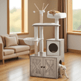 thumbnail image 1 of LEDREM 59-Inch 2-in-1 Cat Tree, Litter Box Enclosure, Modern Cat Tower with Scratching Posts, Removable Pompoms, Space-Saving Design, Greige, 1 of 7