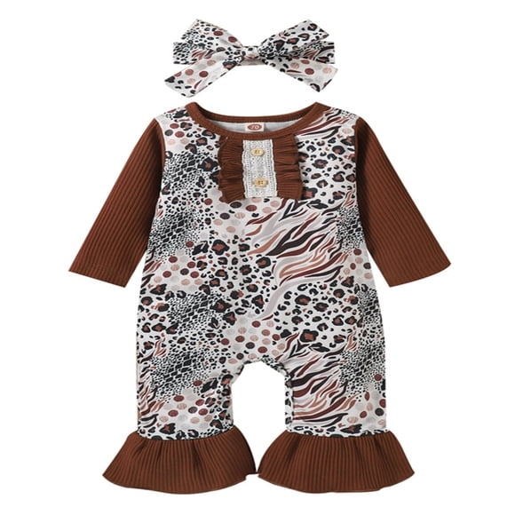 Combinaison pour Nouveau-Né Bébé Fille à Manches Longues, Barboteuse Léopard, Barboteuse à Volants + Bandeau, Vêtements Bruns 0-3 Mois