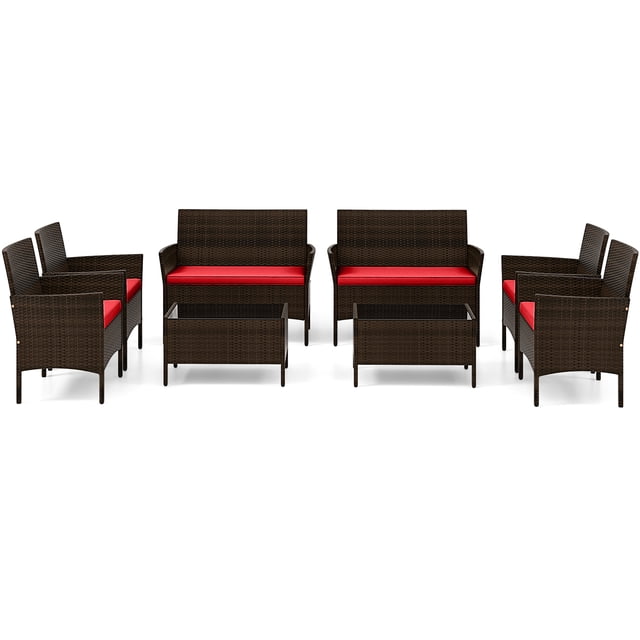 Gymax Set of 8 Patio Rattan Conversation Set Wicker Furniture Set w/ ChairRed Cushion