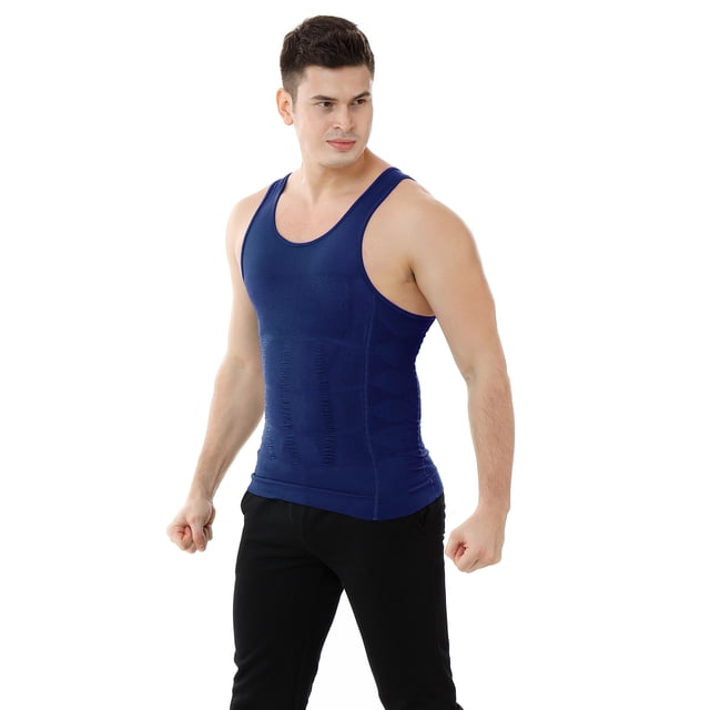 TOPTIE Men's Slimming Body Shaper Compression Shirt, Shapewear Sculpting Vest Muscle Tank-Blue-M