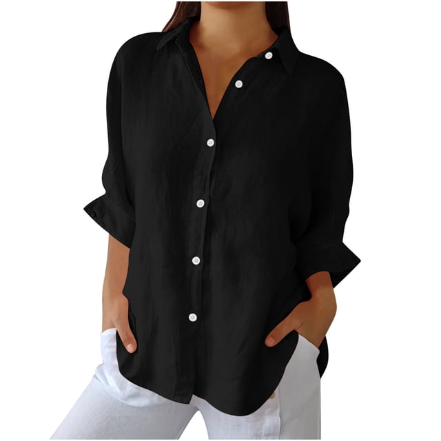 RKSTN Hauts pour Femmes Couleur Unie Coton et Lin Col Rabattu Chemises à Manches Longues Blouses Décontractées Printemps Été Polyvalentes Amples Grande Taille Hauts pour Femmes