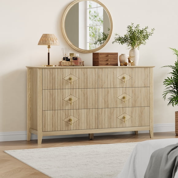 Commode en Bois – Commode Moderne à 6 Tiroirs Cannelés – Coffre Extra Grand de 54 Pouces – Poignées en Métal – Grande Armoire de Rangement – Chambre, Salon, Couloir et Entrée – Assemblage Facile – Bois Naturel