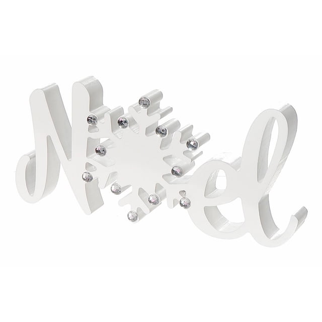Wood Table Top Noel décor sign in white featuring the word NOEL with a snowflake replacing the letter O, decorated with clear shimmering stones, made of wood, measuring 10.47 L x 0.98 W x 4.72 H inches, ideal for holiday tabletop décor and suitable for adding seasonal charm to any room.