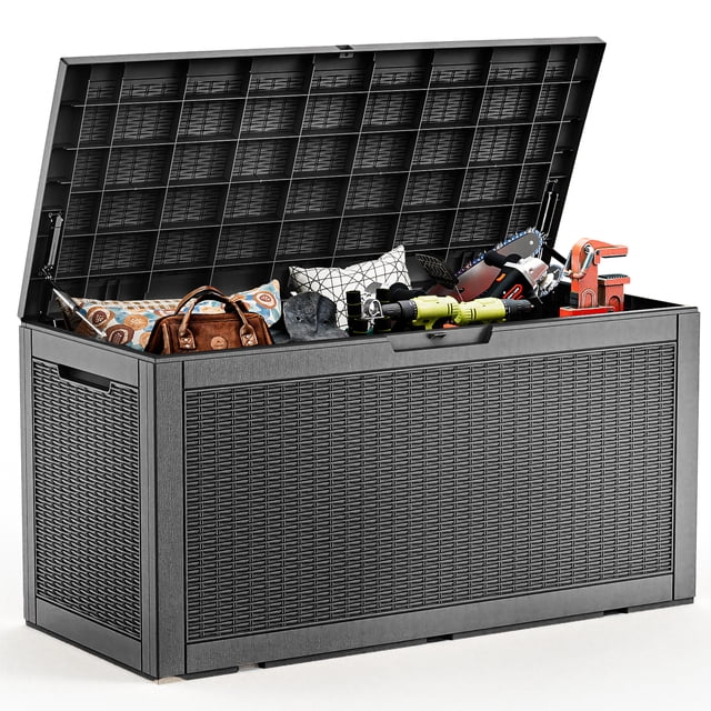 EasyUp 100 Gallon Resin Deck Box, Lockable Patio Outdoor Storage Box for Furniture, Garden Tools and Tools Storage, Waterproof Outside Storage Boxes(Black Pattern)