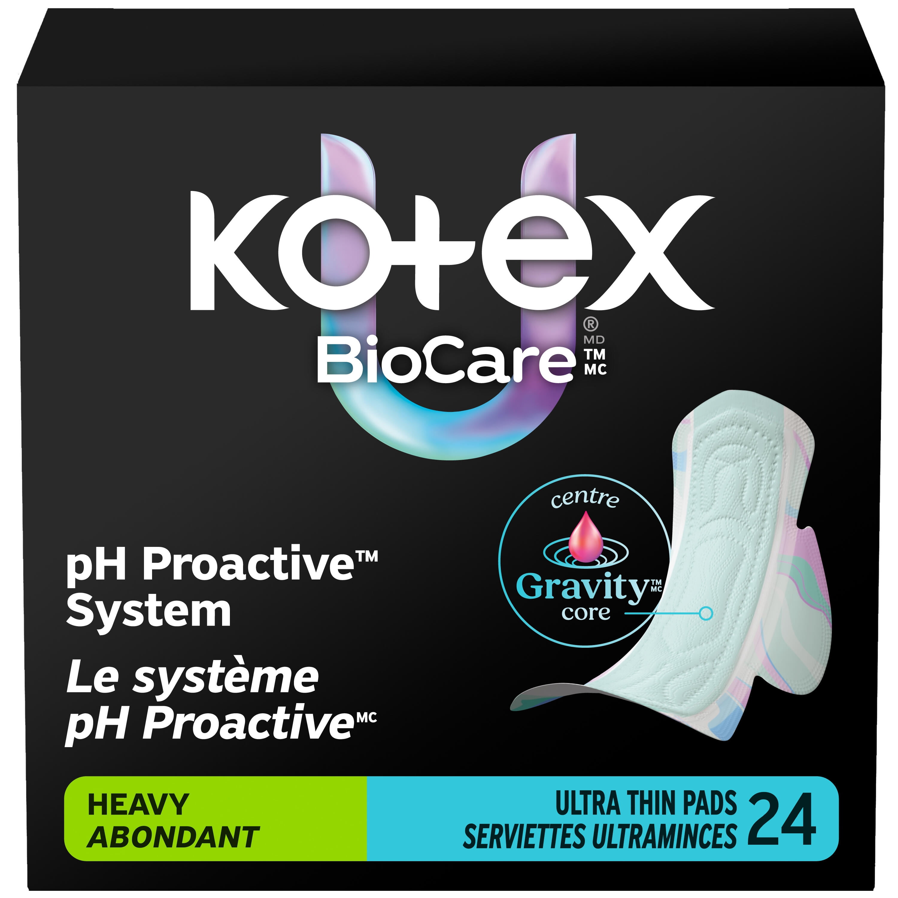 Serviettes ultraminces Kotex BioCare avec ailes, absorption élevée, 24 unités