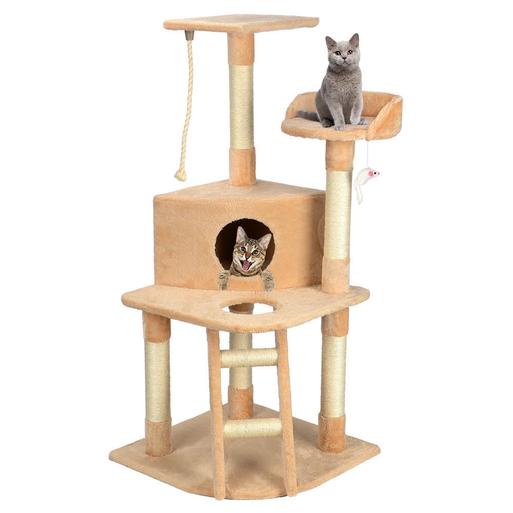 50" Cat Tree Condo House Pet Bed Furniture, Kitten Scratching Posts Activity Center with 1 hanging toy, 1 hanging rope, 1 ladder and 5 poststy