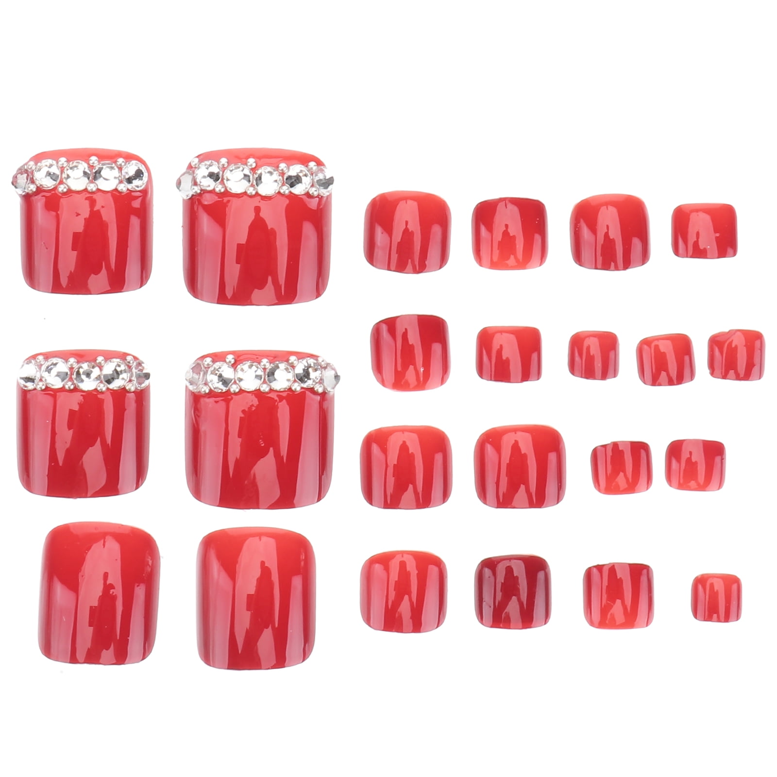 SHISUYAN 24pcs Short Fakes Toe Nails Glossy Press on Nails Rhinestones Nails False Nails Full Cover Artificial Toe Nails for Home ( Red )