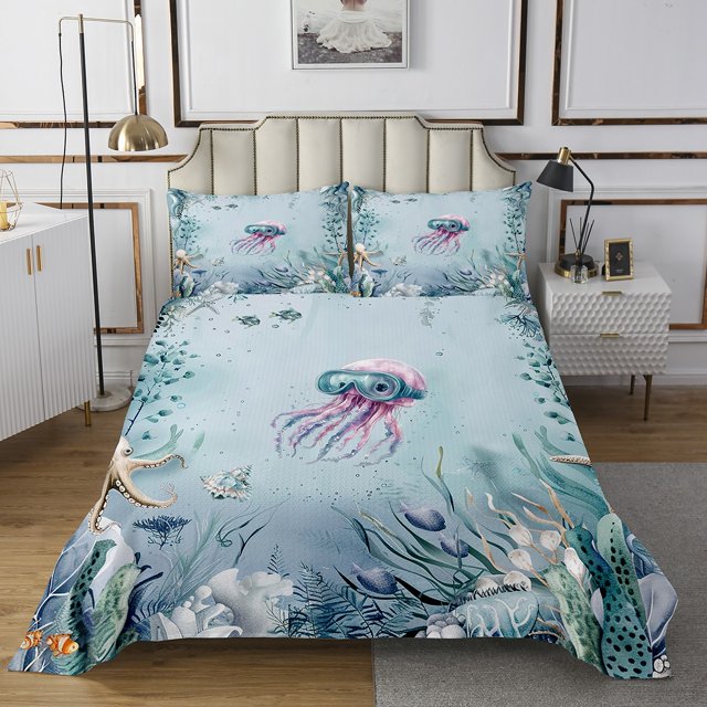 Erosebridal Cartoon Jellyfish Coverlet Set Twin, Sea Fish Bedding Set, Ocean Room Decor, 2-piece