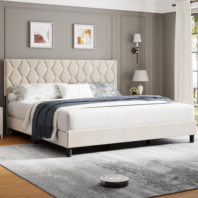 AKDSteel Cadre de Lit Plateforme Format Grand avec Tête de Lit Rembourrée et Lattes de Bois, Base de Matelas Rembourrée/sans Sommier Requis/assemblage Facile