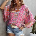 thumbnail image 4 of Pompotops Femmes Décontracté Bohème Ample Imprimé Manches Courtes Col en V Chandail Blouse Hauts, 4 of 8
