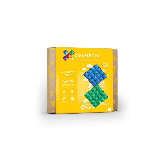 CONNETIX Ensemble de Plaques de Base Magnétiques Arc-en-Ciel Bleu et Vert, 2 Pcs. l'Emballage Présente un Fond Jaune Vif avec des illustrations de Jeu et de Créativité. l'Ensemble Comprend une Plaque de Base Magnétique Bleue et une Verte 30 cm x 30 cm, Conçue pour Construire des structures Robustes comme des Tours et des Châteaux. la Boîte Met en Valeur des Caractéristiques comme des Aimants Puissants, des Matériaux Non Toxiques et un design à Biseau unique, Convient aux Enfants de 3 Ans et Plus.