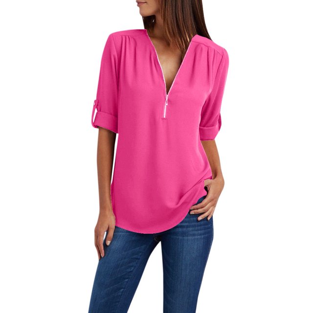 Women Ladies Zipper Button Long Sleeves Loose Chiffon Shirt Clothing