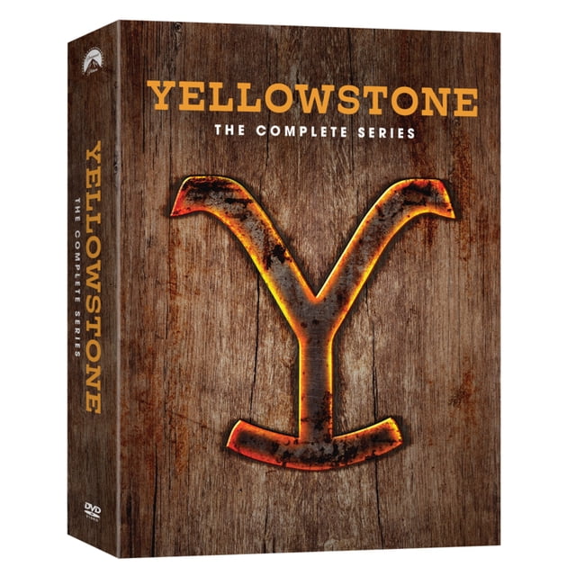 Yellowstone: l'Ensemble Complet de DVD de la Série avec un Fond en Bois Rustique Présentant un Grand Symbole de Marque de Bétail Lumineux dans des Tons orange et Jaune, Texte de Titre Jaune Audacieux ci-Dessus, Représentant la saga de Drame Télé Western par Paramount Pictures.