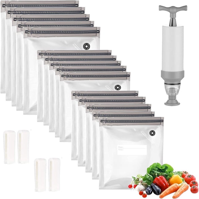 Sacs Lot de 20 3 Tailles Sacs de Rangement Alimentaires sous Vide Réutilisables avec Pompe Manuelle 4 Pinces de Scellage Scelleuse sous Vide Réutilisable pour Congélateur Sac Ziploc