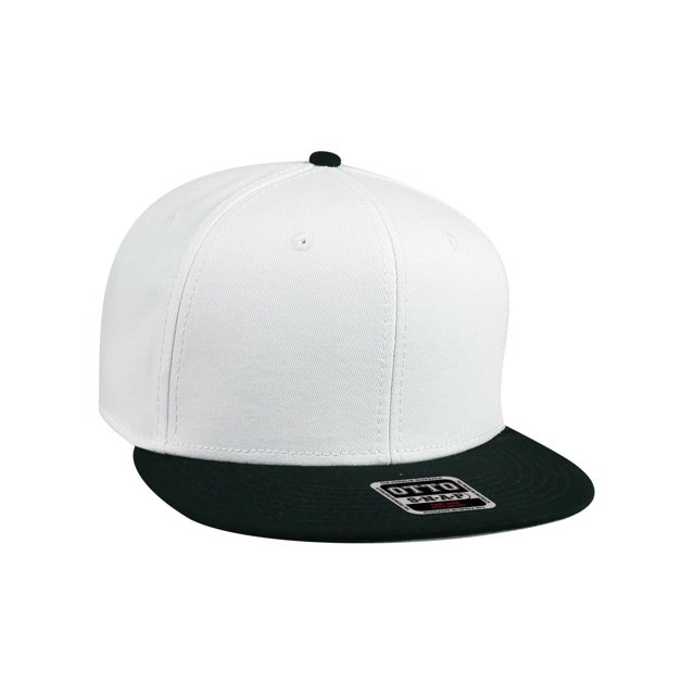Cotton Twill Flat Bill 6 Panel Mid Profile Snapback Hat, Black/White