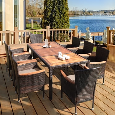 Costway Ensemble de Salle à Manger en Rotin pour Patio 9 Pcs 8 Chaises Empilables Dessus de Table en Bois d'Acacia Coussiné