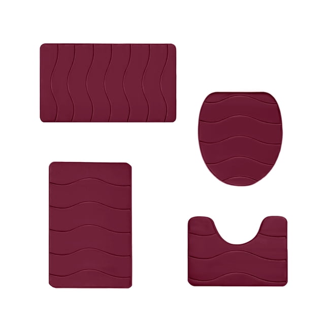 Rbaofujie Entryway Rug Memory Foam Bath Mat 4 Set with four bathroom rugs in a wavy red design. Includes a toilet mat, bath mat, and two floor mats made of velvet fleece and memory foam backing. Features water absorption, non-slip latex backing, and machine washability. Ideal for kids' bathrooms, entryways, and high-traffic areas.