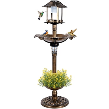 Solar Bird Bath with 2 LED Lights, 43 inch Tall Weather Resistant Birdbath Feeder with Planter Pedestal, 3 Ground Stakes for Outdoor Garden Yard Decoration