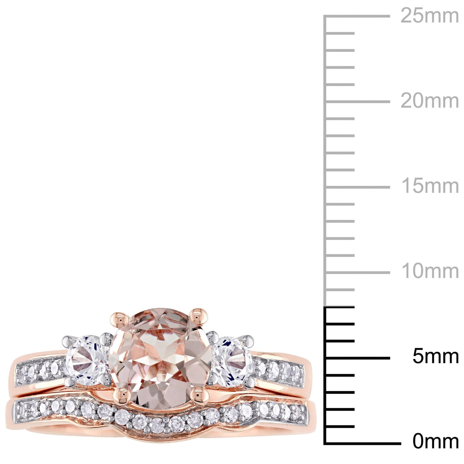 Ensemble nuptial à trois pierres Tangelo avec saphirs blancs synthétiques et morganite 1,14 ct PBT et diamants 0,14 ct poids total en or rosé 10 k