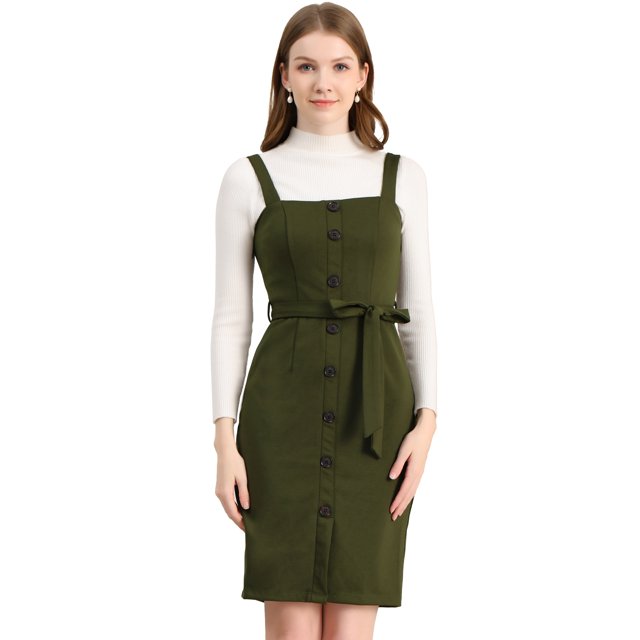 INSPIRE CHIC Robe Chasuble pour Femme à Boutons, Taille à Nouer, Extensible, Salopette Tablier, Vert Armée, TP