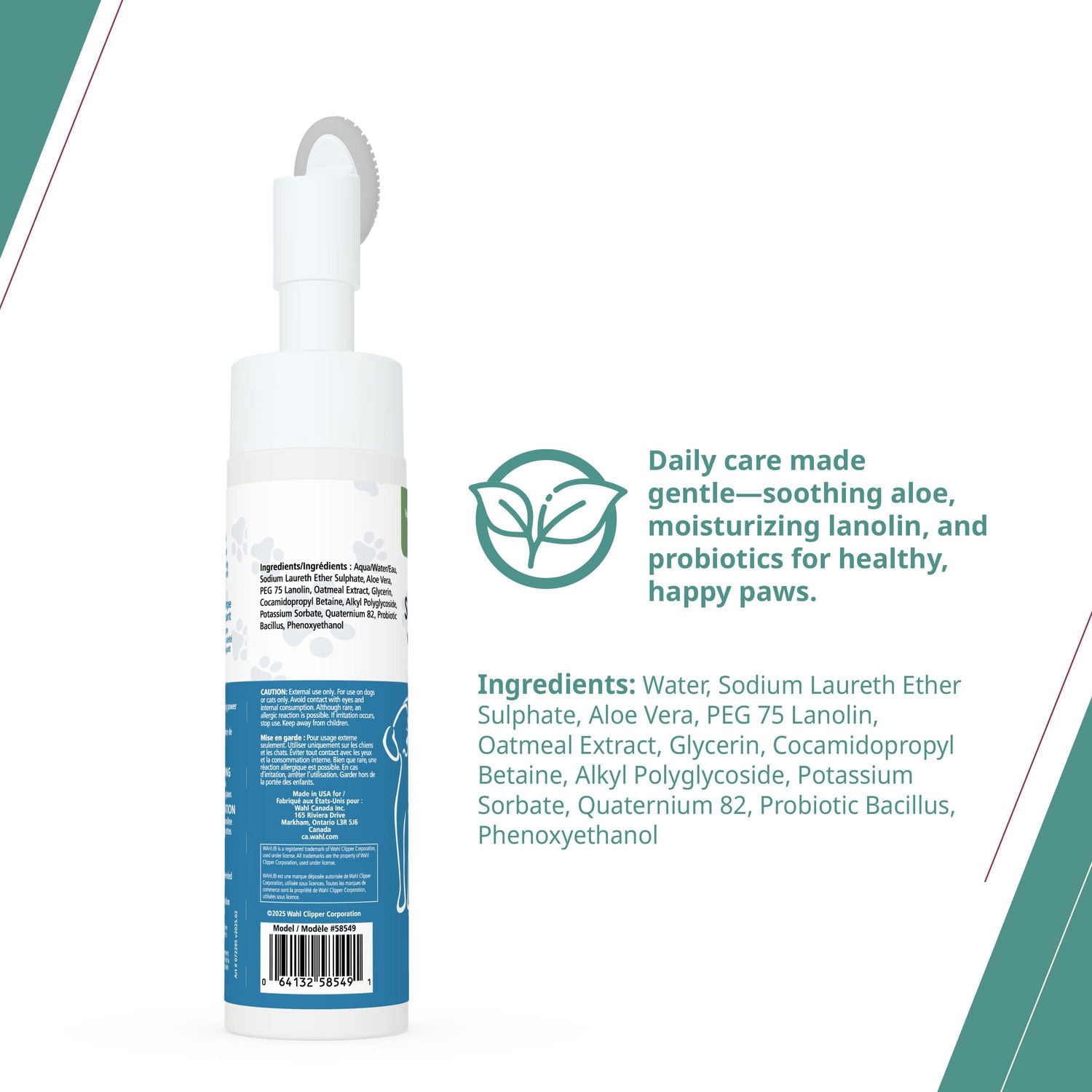 Wahl Probiotic Paw Cleaner – Solution moussante sans rinçage avec brosse, aloès et flocons d'avoine pour des pattes de chien propres et hydratées – Modèle 58549
