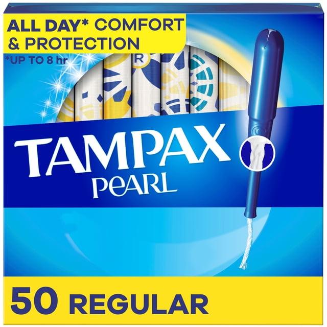 Tampax Pearl Tampons with LeakGuard Braid, Regular Absorbency, Unscented, in a blue and yellow box of 50 tampons with patterned wrappers, showing a blue applicator with a white tampon string, offering up to 8 hours of all day comfort and protection.