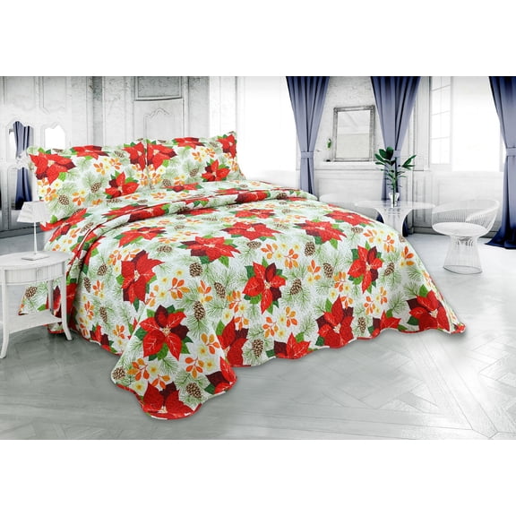 Marina Decoration Couvre-lit Pinsonic imprimé en relief ultra doux, parure de lit d'été de Noël avec taies d'oreiller, motif de poinsettia rouge et blanc