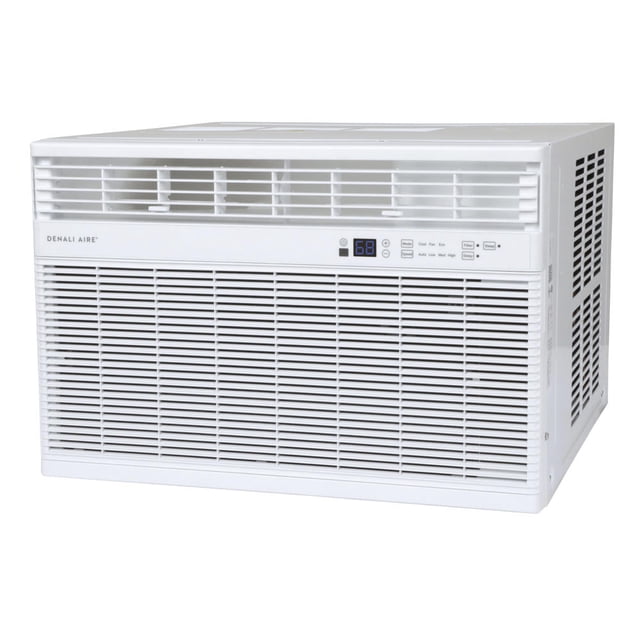 Denali Aire® 23,500 BTU 230-Volt Window Air Conditioner with electronic controls, LED display, and 3 fan speeds. Features include a 24-hour programmable timer, reusable filter, remote control, auto restart function, and energy-efficient operation. Includes a window mounting kit for easy installation and cools spaces up to 1,500 square feet.