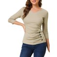 thumbnail image 1 of INSPIRE CHIC Women's Button Decor V Neck 3/4 Sleeve Solid Knitted Ruched Blouse Light Khaki 2XL, 1 of 7