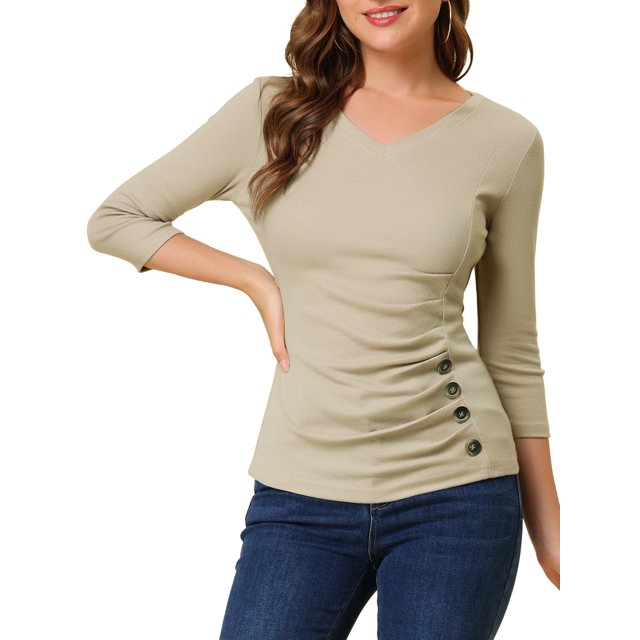 INSPIRE CHIC Women's Button Decor V Neck 3/4 Sleeve Solid Knitted Ruched Blouse Light Khaki 2XL