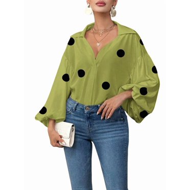 Women'S French Polka Dot Half-Open Collar Loose Bubble Long Sleeve Top Matcha Green XXL