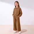 thumbnail image 1 of EGNMCR Long Sleeve Turndown Collar Set Children's Solid Color Long Sleeve Turn-Down Collar Button-Up Top With Elastic Waist And Pockets And Pants Set Girl polyester set, 1 of 8