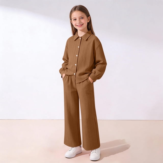 EGNMCR Long Sleeve Turndown Collar Set Children's Solid Color Long Sleeve Turn-Down Collar Button-Up Top With Elastic Waist And Pockets And Pants Set Girl polyester set