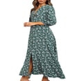 thumbnail image 4 of Robe Vintage d'Automne pour Femme à Manches Longues, Col en V, Imprimé Floral, Robe à Manches Longues, Robe Maxi Décontractée pour Fête de Vacances, Vert G, 4 of 5