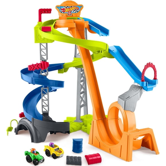 Little People Hot Wheels Circuit Cascades Spirales, 2 véhicules