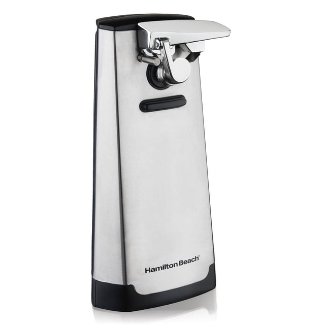 Hamilton Beach Stainless Steel Extra-Tall Electric Can Opener with Automatic Shutoff and Knife Sharpener, featuring a brushed stainless steel tall body with black plastic base and top, chrome lever for hands-free can opening, removable cutting lever for easy cleaning, and built-in knife sharpener, suitable for opening cans of all sizes smoothly and safely.