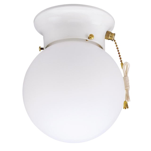 Westinghouse Lighting One-Light Indoor Flush-Mount Ceiling Fixture with pull chain, white glass globe, and white finish base with polished brass accents. Compact 7-1/4 inches high and 6 inches diameter, ideal for closets, hallways, or small rooms without a light switch.