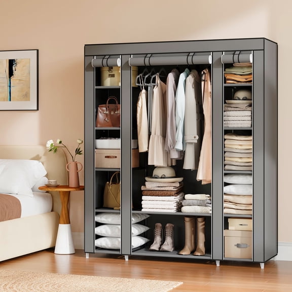 LEDREM 59-Inch Portable Closet, 12-Compartment Wardrobe with Zippered Cover & Hanging Rail, No-Tool Assembly Storage Organizer, Grey