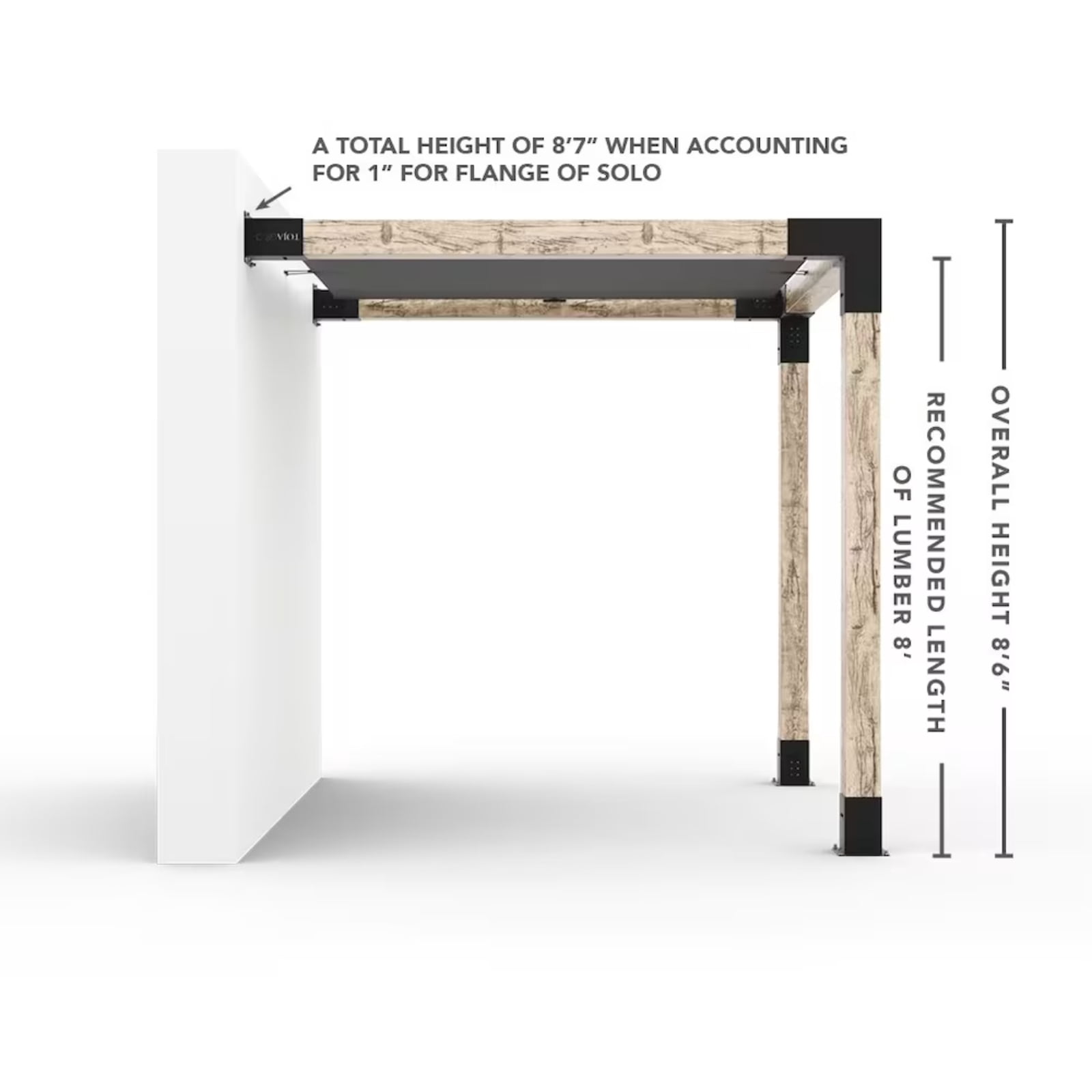 Kit de pergola murale Toja 10'x12' avec voile d’ombre en graphite pour poteaux en bois 6x6