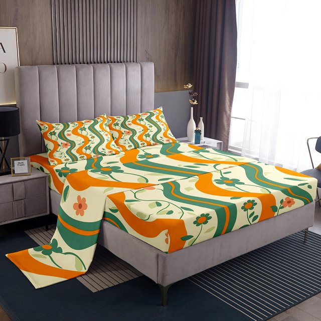 YST Flowers Bed Sheets Set Queen Size 4pcs, Simple Ripple Printed Room Decor Sheet Set, Gradient Florals Kids Girls Bedding For Bedroom, Yellow Green Retro Leaves Lightweight Bedding Set