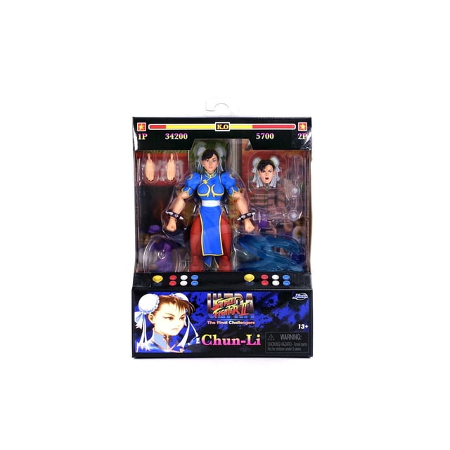 Jada Toys STREET FIGHTER II ACTION FIGURE - CHUN LI (WAVE 1) featuring a 6-inch scale Chun-Li figure in blue and gold qipao with red pants, including alternate hands, an extra head, kick accessories, and a stand, displayed in arcade-style packaging with game-inspired graphics, ideal for collectors and fans aged 8 and up.