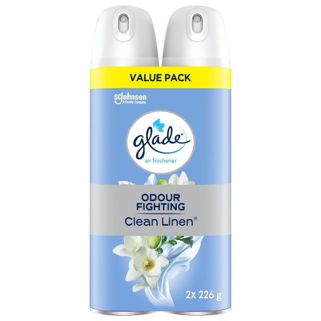 Glade® Air Freshener Odor Fighting Room Spray Clean Linen value pack with two 226g cans featuring light blue labels, white spray nozzles, and floral imagery, designed to freshen home spaces with a crisp linen scent.