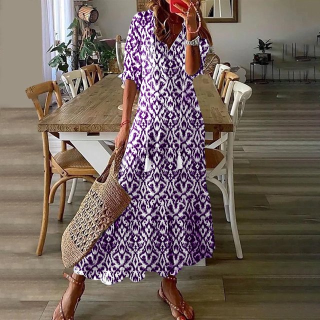 FcBaudy Robes d'Été pour Femmes, Robes pour Femmes, Jupe pour Femmes Robe Décontractée à la Mode pour Femmes Printemps/été à Col en V à Manches Courtes Imprimée Jupe pour Dames