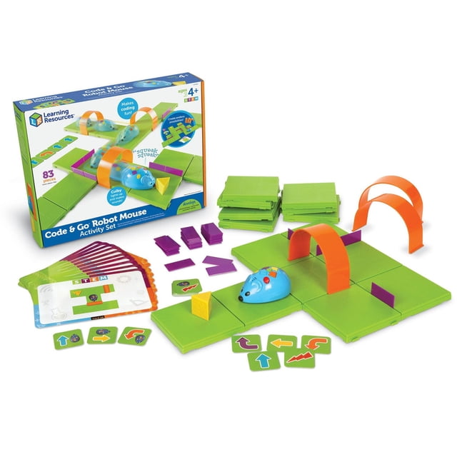 Learning Resources Code & Go Robot Mouse Activity Set with 83 pieces including a blue programmable robot mouse, green modular maze tiles, orange arch bridges, purple barriers, coding cards, a yellow cheese wedge, and activity guide, designed for screen-free early STEM coding education for kids ages 4 and up.