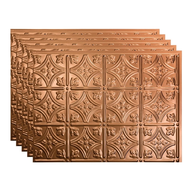 FASÄDE Traditional Style/Pattern 1 Decorative Vinyl 18in x 24in Backsplash Panel in Polished Copper, displayed in a pack of 5. Each panel showcases a detailed floral and geometric design with a polished copper finish, perfect for DIY home improvement projects like kitchen backsplashes or accent walls. Covers 15 sq ft and adheres easily with adhesive.