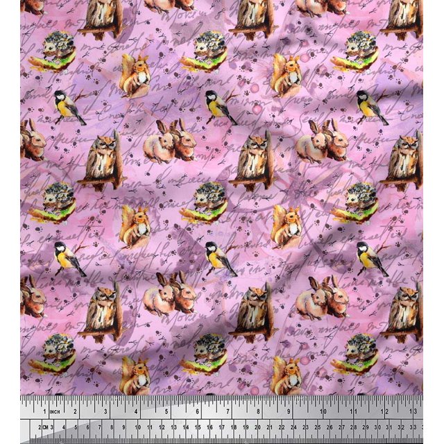 Soimoi Viscose Chiffon Fabric Owl,Squirrel & Rabbit Animal Printed Craft Fabric by The Yard 42 Inch Wide