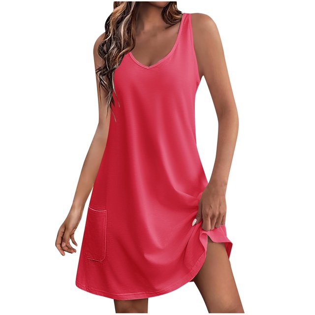 Timegard Robes pour Femmes Col en V Été Décontracté Robes T-Shirt Sortie de Plage Robe Débardeur avec Poches