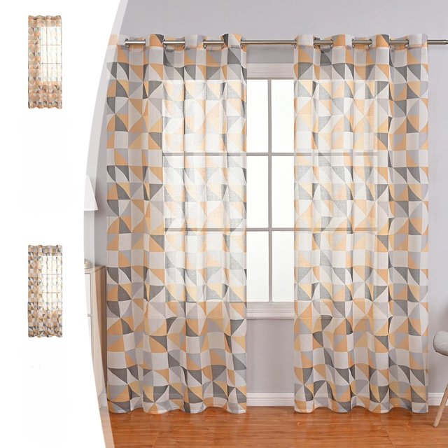 Geometric Print Sheer Curtains Panel • Linen Look Polyester Window• Light Filtering Grommet Top Decorative Curtains for Living Room Bedroom