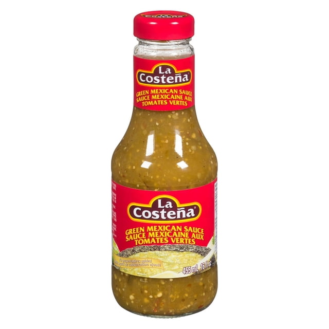 LA COSTENA SALSA Mexicaine Verte 455 ml dans une Bouteille en Verre Transparent avec Capuchon Rouge et Étiquette, Contenant SALSA tomatillo Vert Légèrement Épicé avec Graines Visibles, Fait avec des Épices Mexicaines Authentiques, Idéal pour tacos, enchiladas et Viandes Grillées.