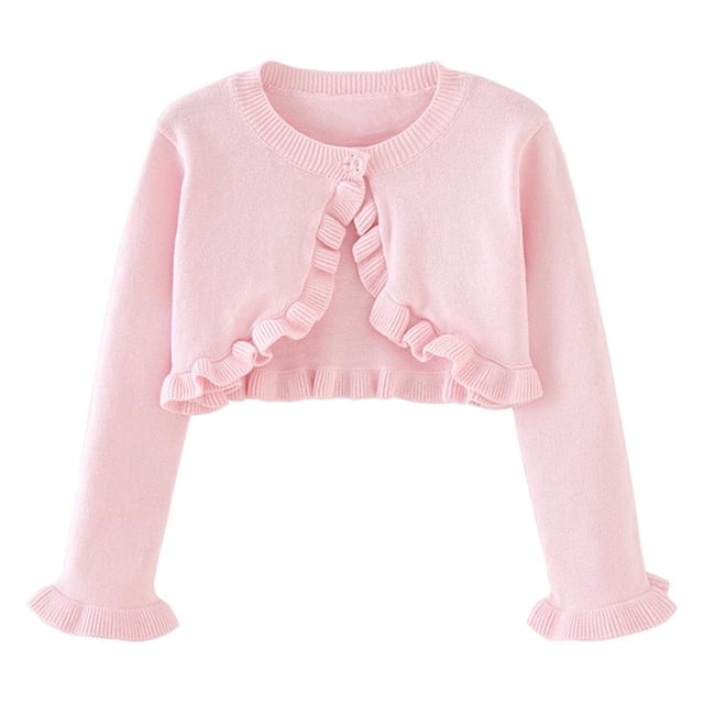 SROBPTY Cardigans d'Automne pour Filles, cardigan Tricoté Uni à Col Rond et Manches Longues pour Enfants en Rose, Conçu pour un Usage Décontracté. le cardigan Présente un Ourlet et des Poignets à Volants, avec une Fermeture à Boutons à l'Encolure. Convient aux Filles de 5 Ans.